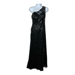 Jade Couture Womens Formal Dress Size 2 Black Mesh Sequin One Shoulder‎ Long